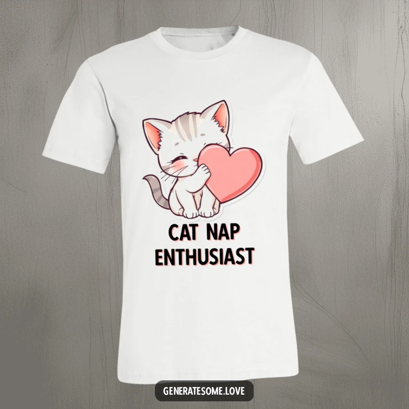 Funny kitten t-shirt cuddling closely against a heart, symbolizing affection and warmth, a cute gift.