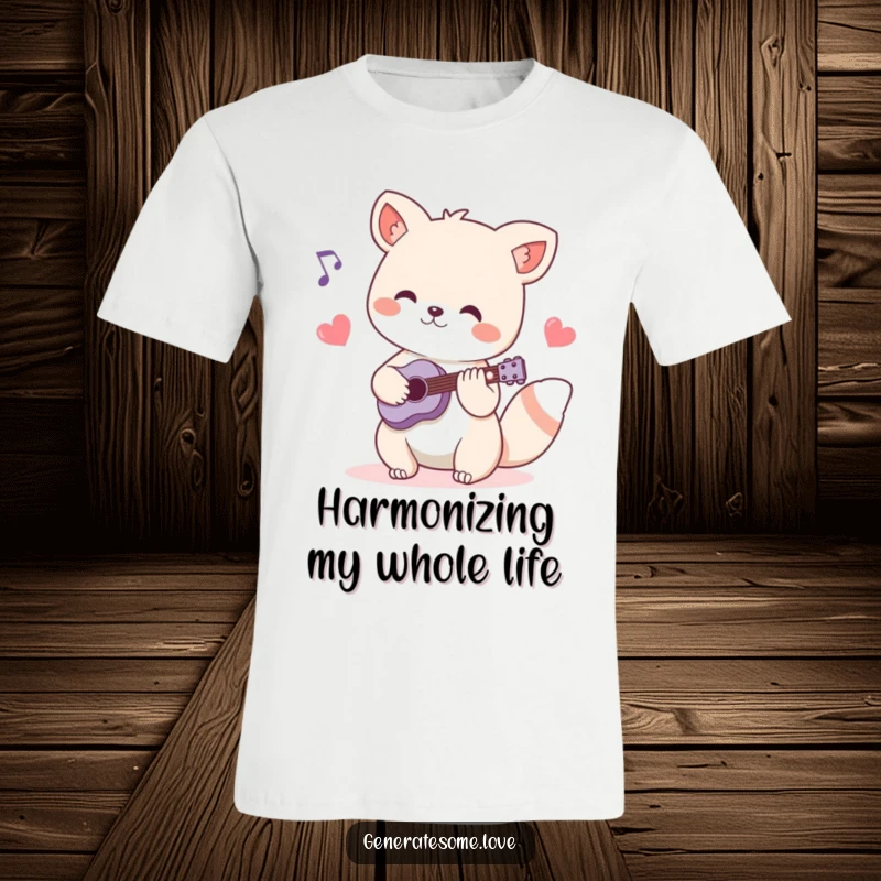 Funny t-shirt showing a charming animal character playing a musical instrument, surrounded by heart-shaped musical notes, celebrating the joy of music.
