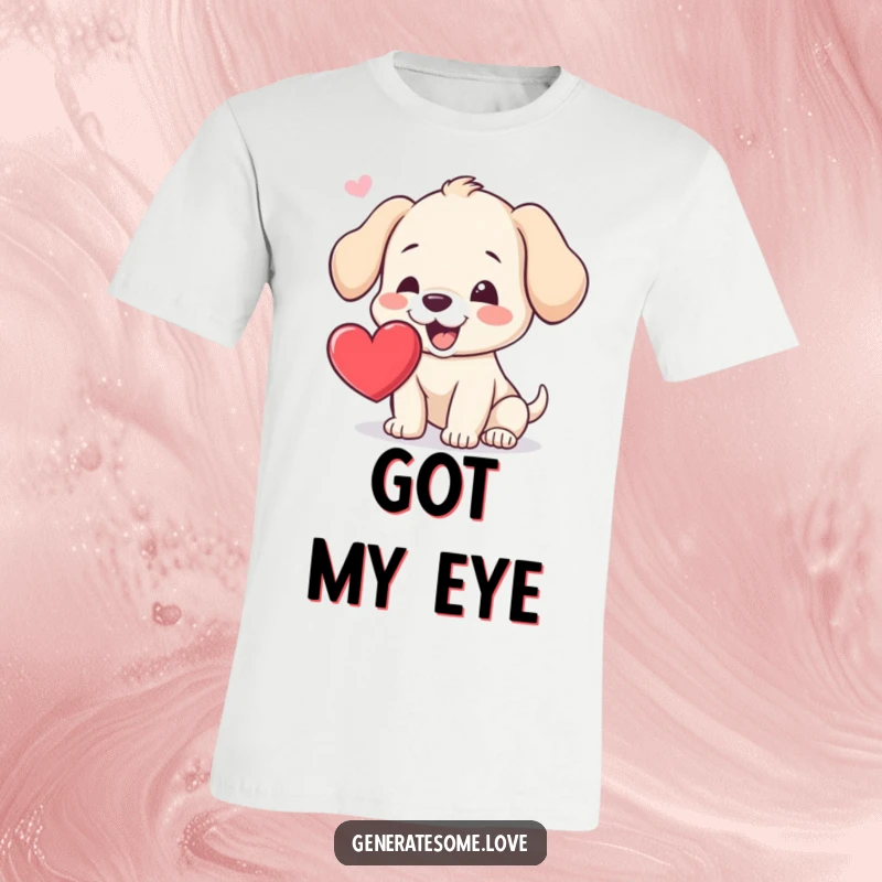 Funny t-shirt depicting an excited puppy actively trying to catch a floating heart with its mouth, perfect for dog lovers and gifting.
