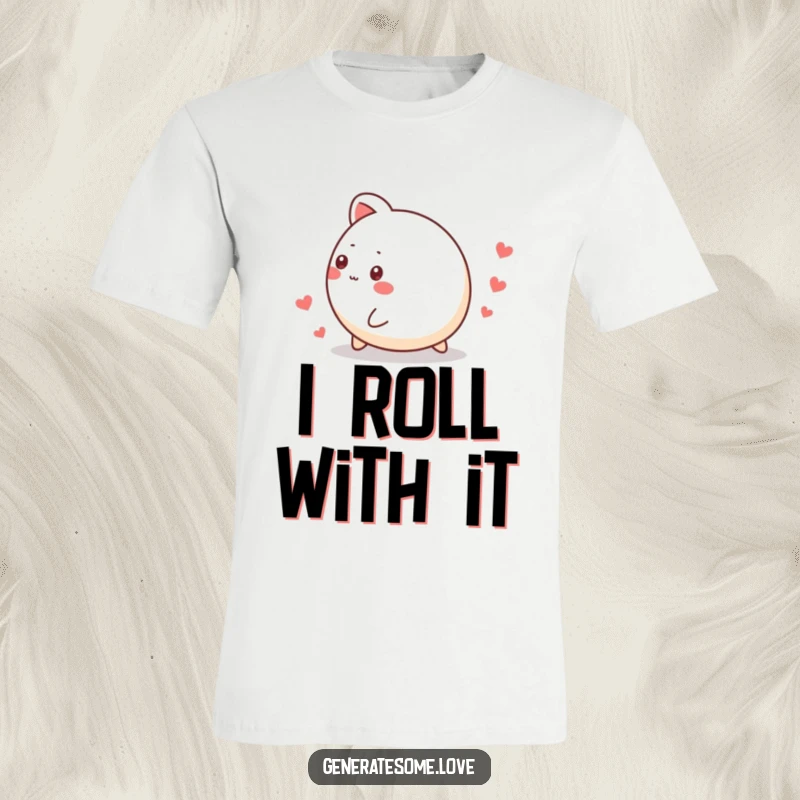 Funny t-shirt showcasing a charming, round animal character rolling joyfully and leaving a path of small hearts, perfect for gifting.