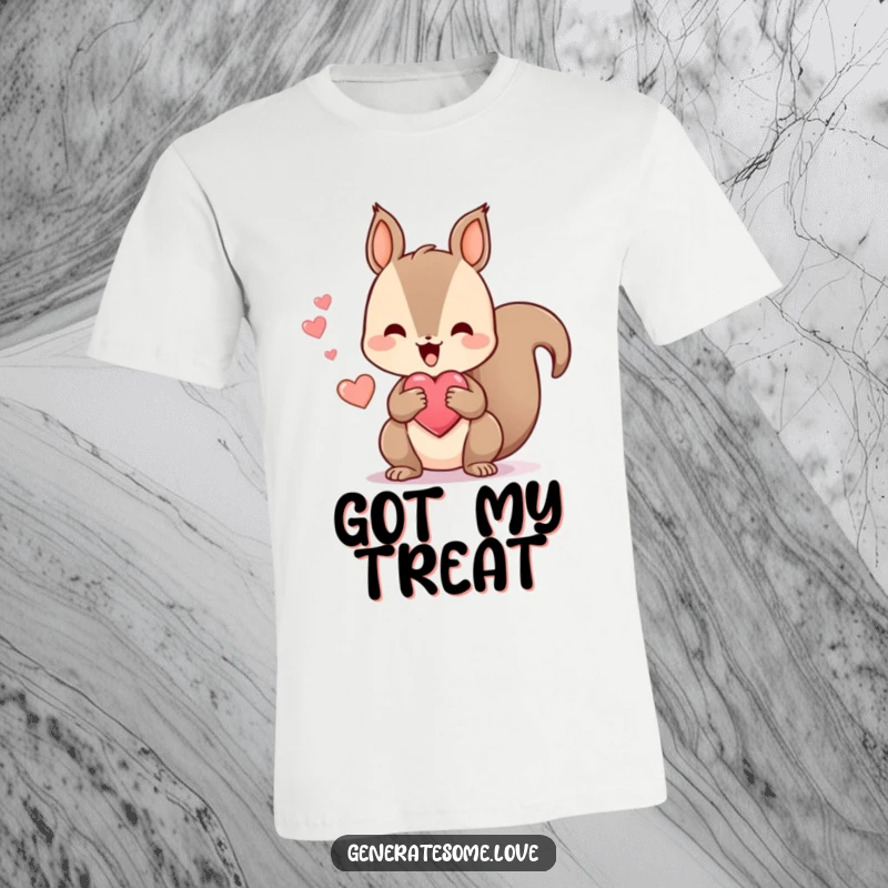 Funny t-shirt with a kawaii squirrel happily chattering while holding a heart-shaped treat, showcasing playful joy and adoration.