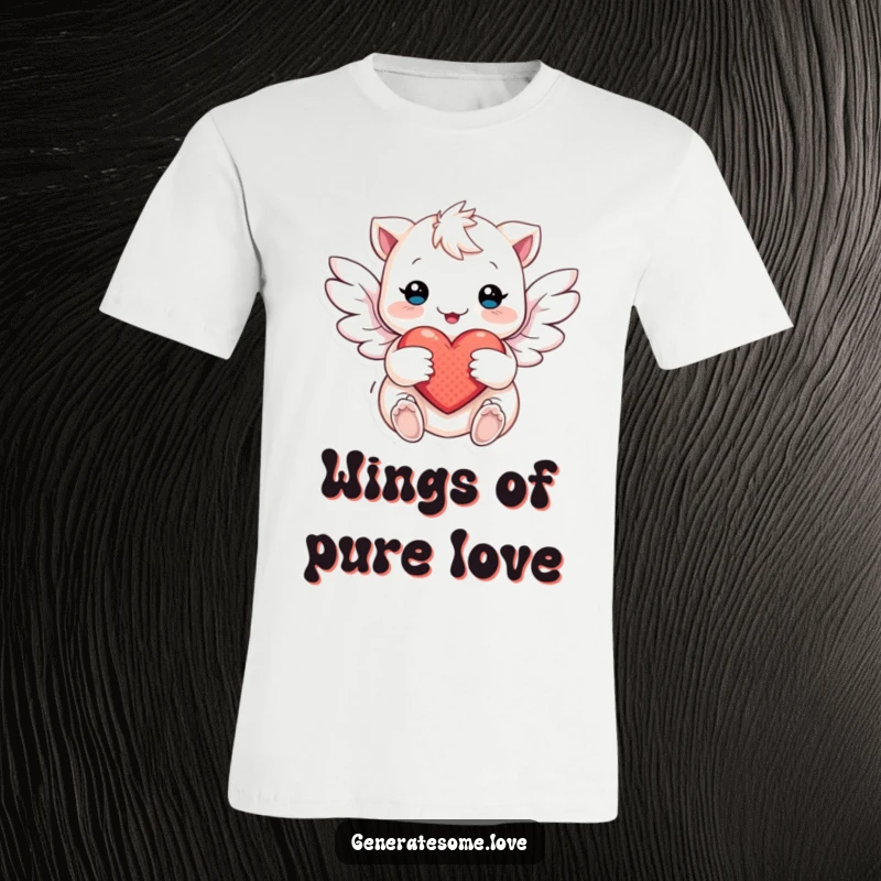 Funny T-Shirt with a whimsical creature whose soft wings flutter protectively around a heart, representing tender love and support.
