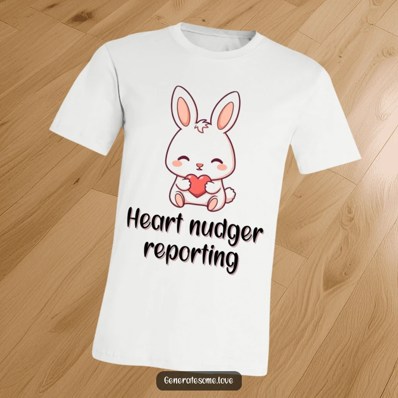 Funny t-shirt with a darling bunny character gently nudging a tiny heart forward with its nose.