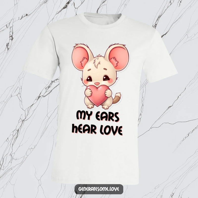 Funny T-Shirt of a creature with big ears curiously investigating a heart, representing a gentle and intrigued approach to love.