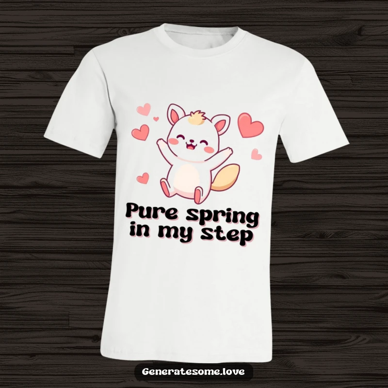 Funny t-shirt featuring a whimsical animal character mid-air, jumping joyfully with hearts encircling its energetic leap.