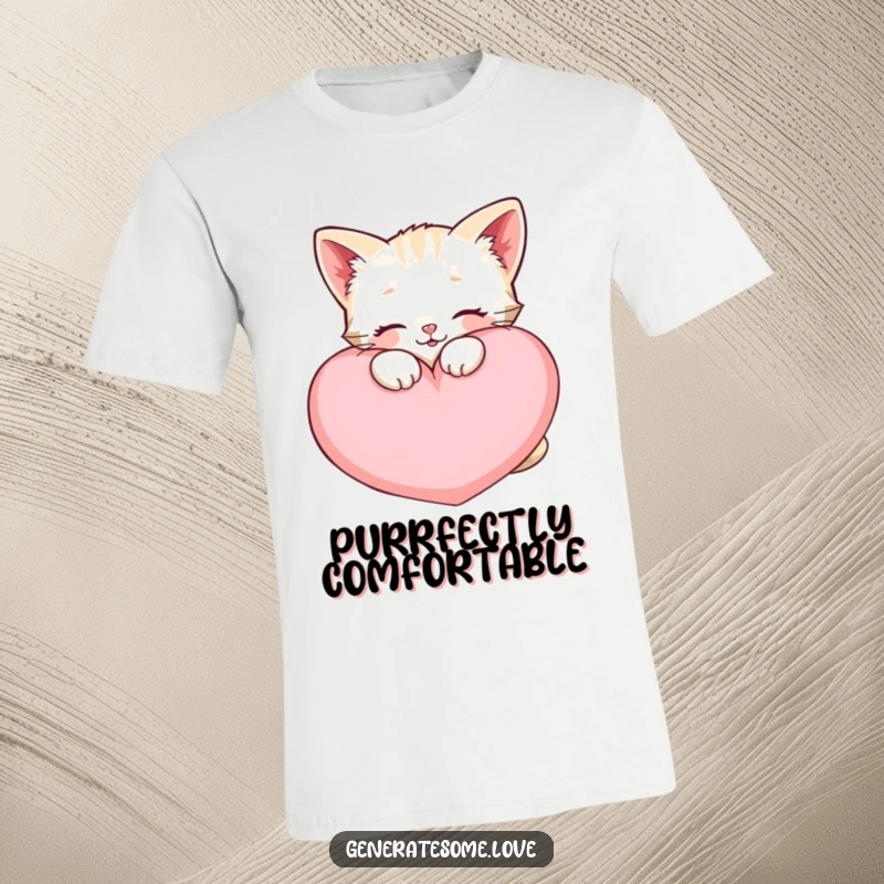 Funny happy kitten t-shirt, snuggling a large soft heart cushion, expressing comfort and feline love.
