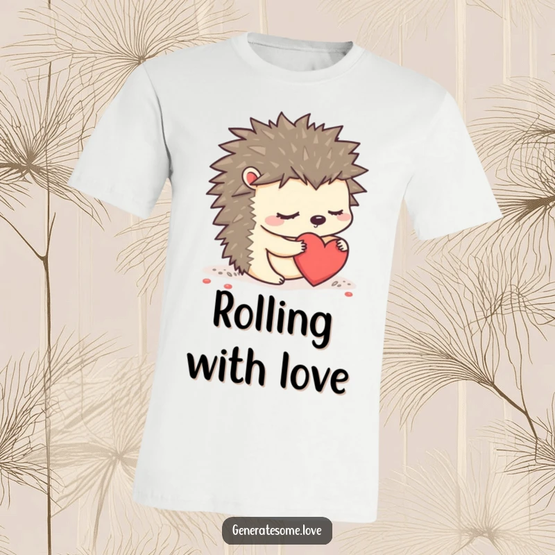 Funny sleepy hedgehog character sweetly rolling a heart on a t-shirt, depicting love and peacefulness.
