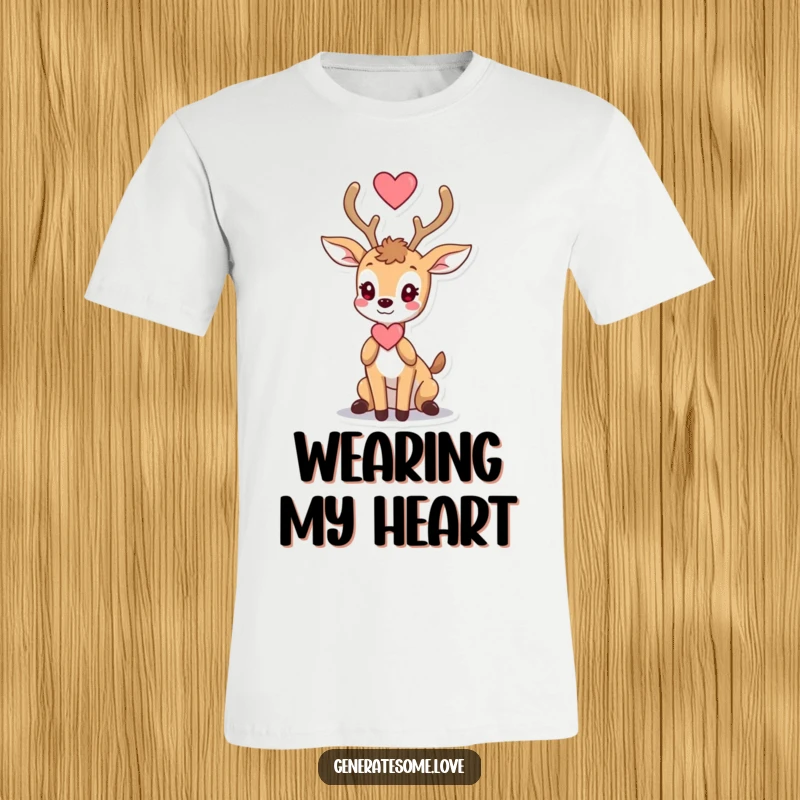 Funny t-shirt depicting a graceful deer character holding a heart aloft with its antlers, a symbol of love.