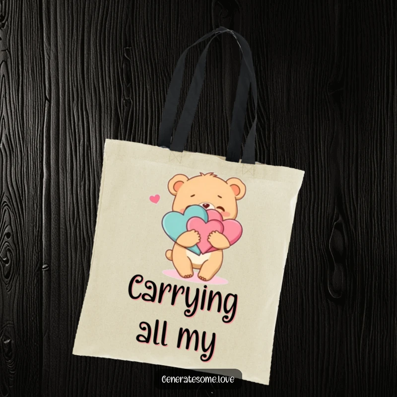 Funny tote bag featuring a delightful bear cub character joyfully hugging two intertwined hearts, a symbol of love and cuteness.