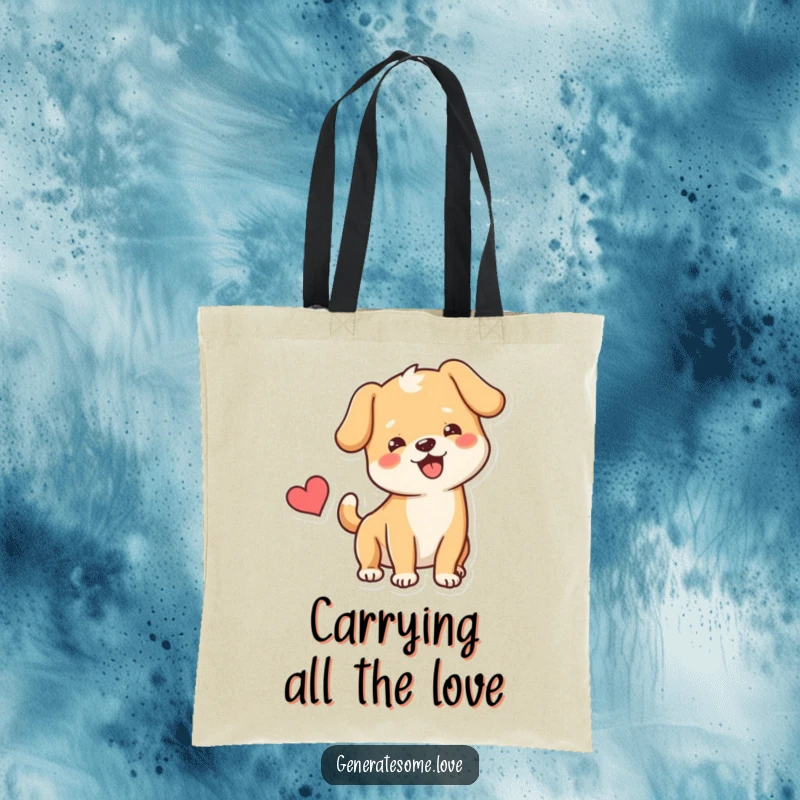 Funny Tote Bag depicting a happy dog with a wagging tail near a heart, perfect for carrying essentials with canine charm.