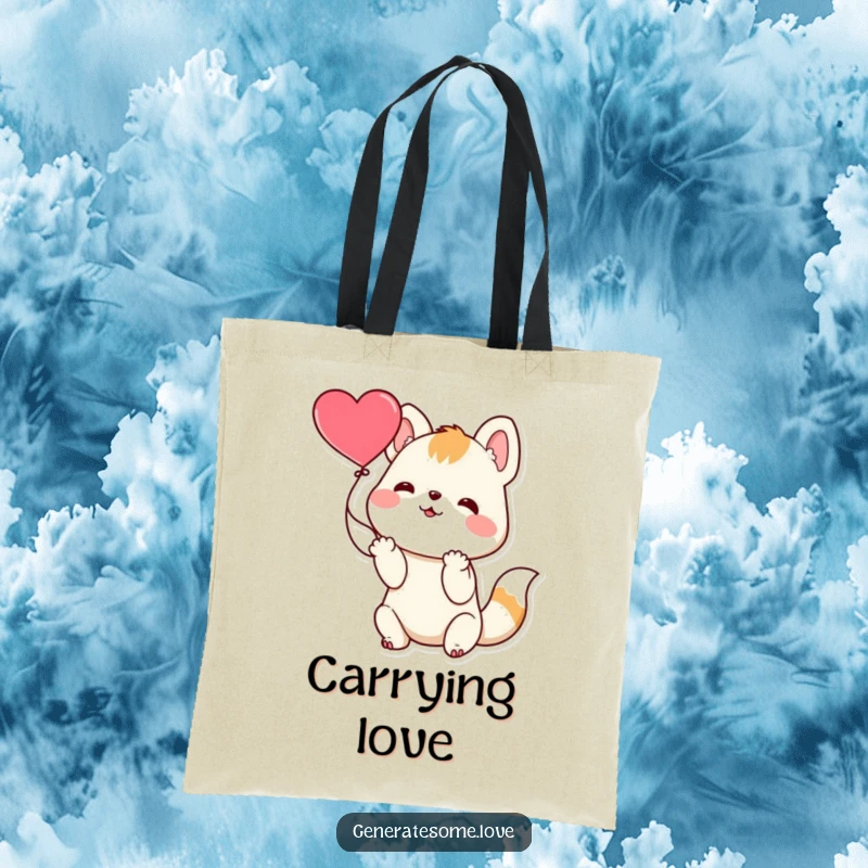 Funny playful animal character with paws outstretched catching a floating heart, on a tote bag, symbolizing love and connection.