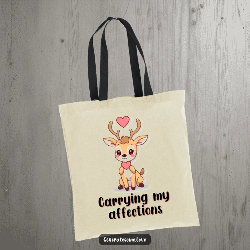 Funny tote bag with a graceful deer character offering a heart with its antlers, ideal for carrying love.