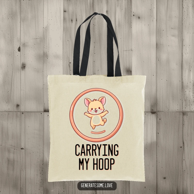 Funny tiny animal character leaping through a heart hoop, on a durable tote bag, celebrating playful energy and happiness.