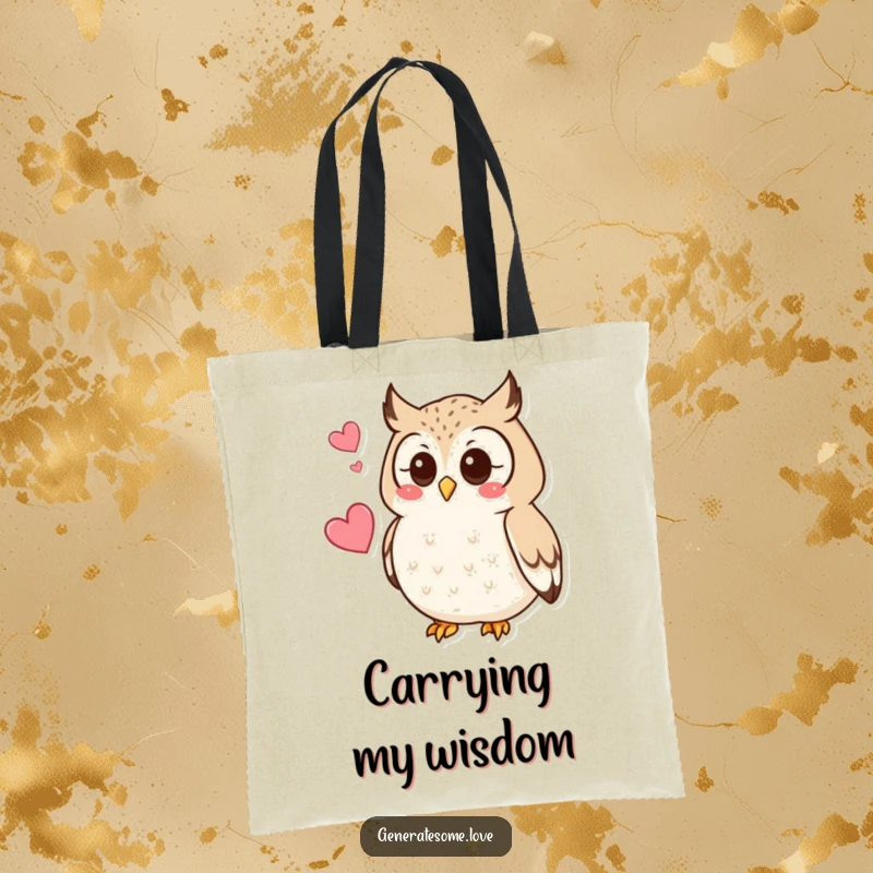 Funny tote bag with a curious owl character hooting softly, a heart hovering nearby, ideal for carrying wisdom.