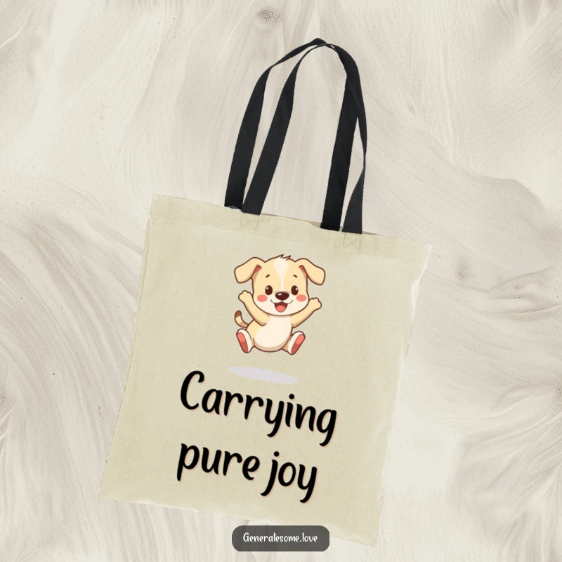 Funny tote bag featuring a playful puppy character bouncing happily, its tail wagging vigorously with excitement.