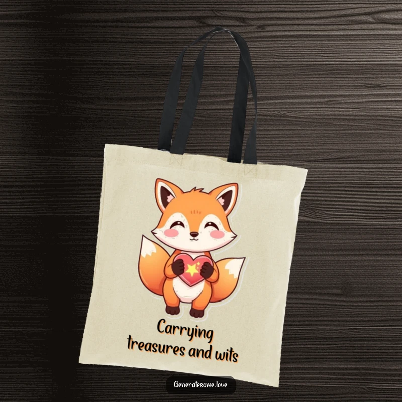 Funny fox tote bag presenting a sparkly heart with delight, perfect for carrying essentials, a great gift.