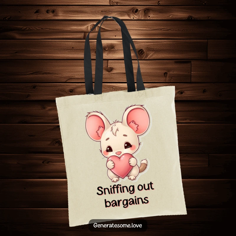Funny Tote Bag featuring a creature with big ears curiously sniffing a heart, symbolizing discovery and gentle affection.