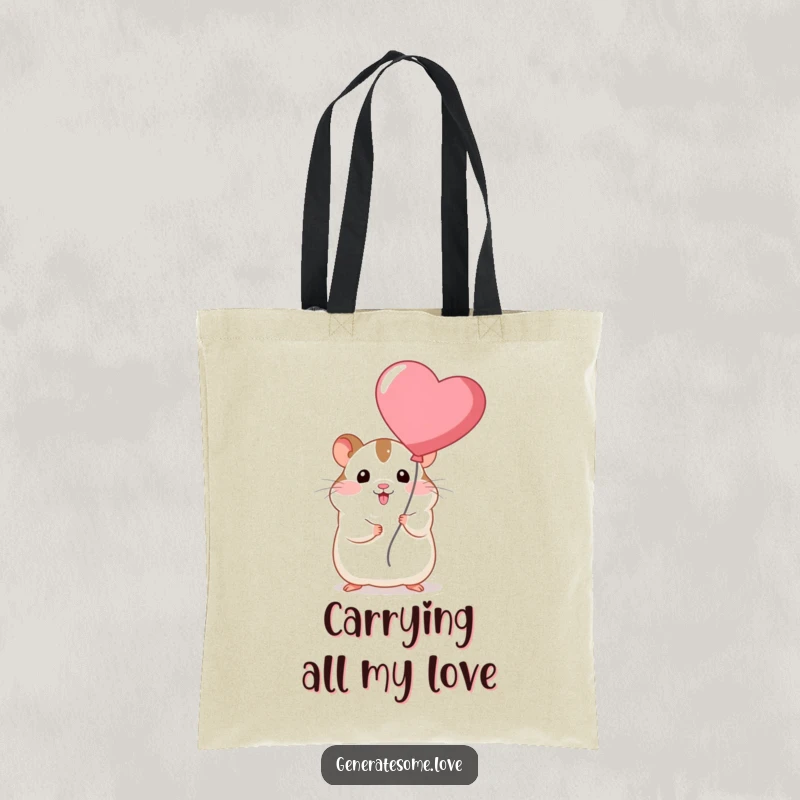 Funny chubby hamster character carrying a delightful red heart balloon in this practical and humorous tote bag.