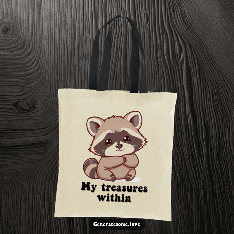 Funny curious raccoon peeking with intrigue from behind a heart, on a spacious and humorous tote bag.