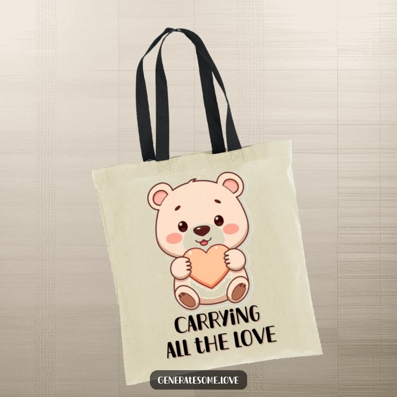Funny cute bear tote bag smiling and offering a heart, a perfect accessory for shopping or daily use, great gift.
