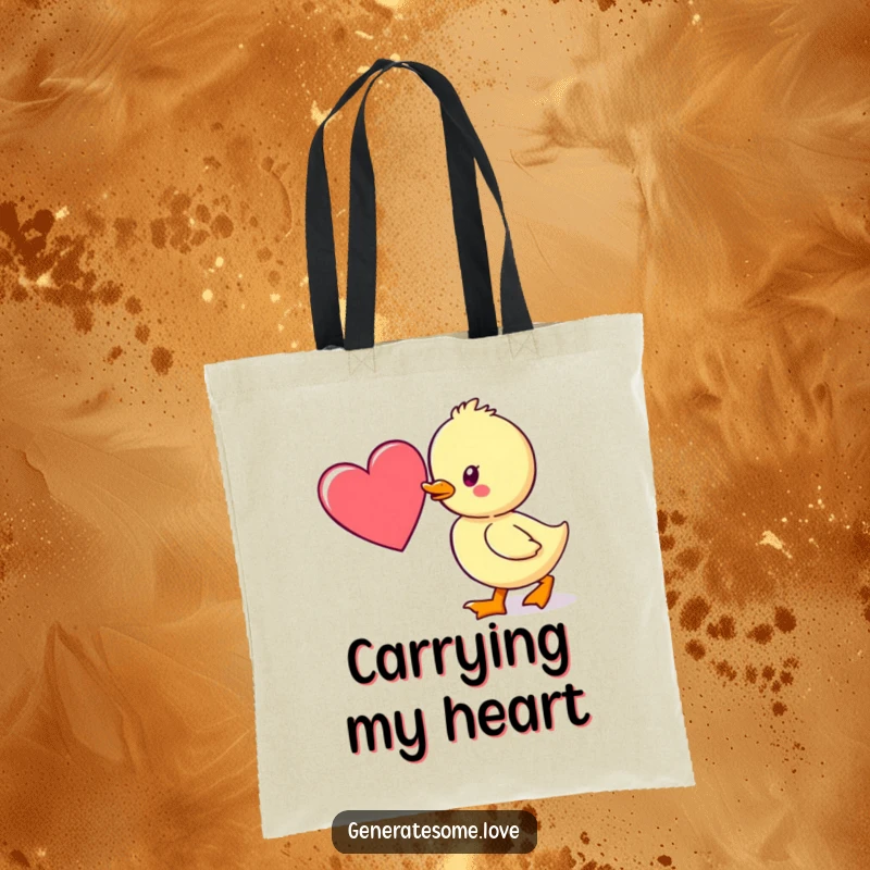Funny tote bag with a kawaii duckling waddling towards a heart, perfect for carrying items and symbolizing the pursuit of love.