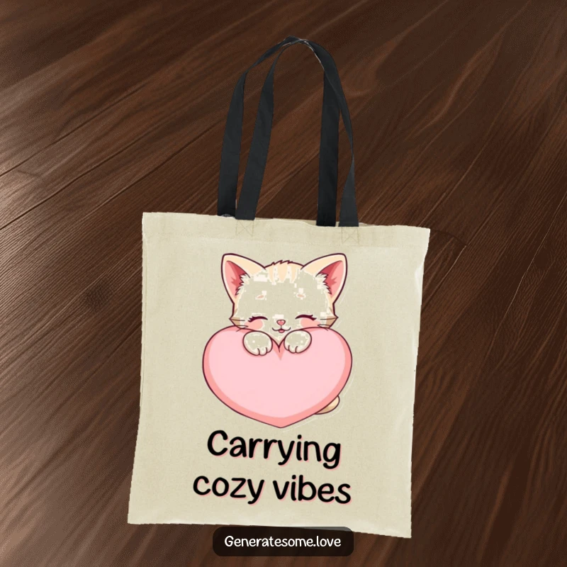 Funny happy kitten tote bag, snuggling a large soft heart cushion, carrying comfort and feline love.