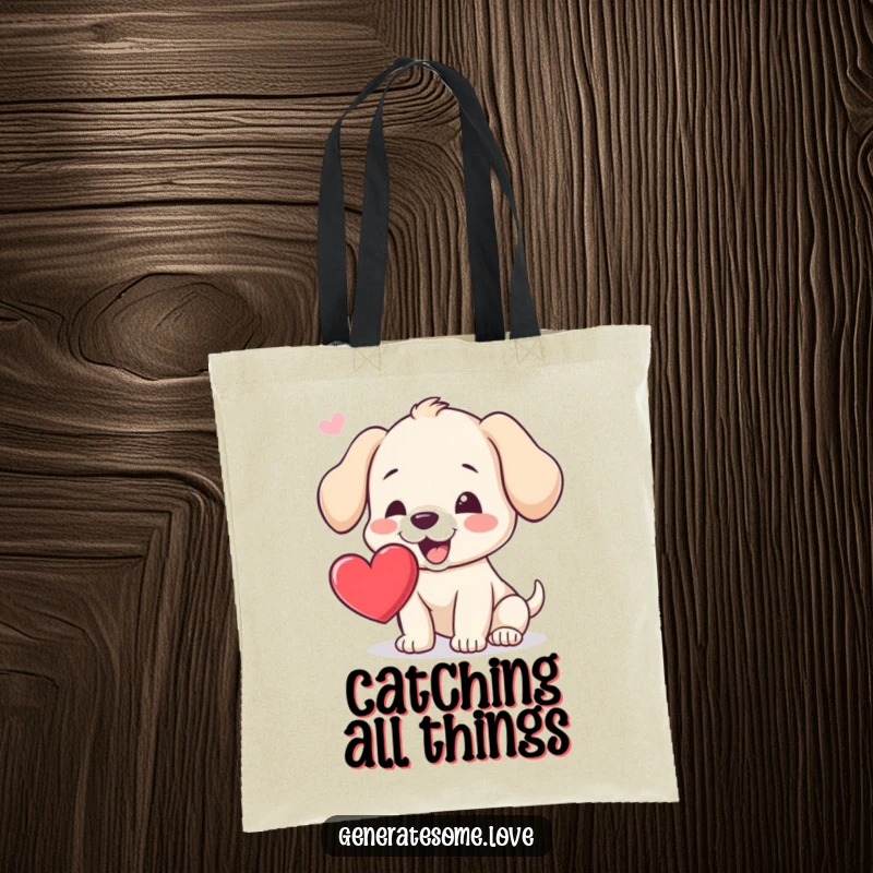 Funny tote bag showcasing an eager puppy with its mouth open, trying to grab a floating heart, perfect for daily use and gifting.