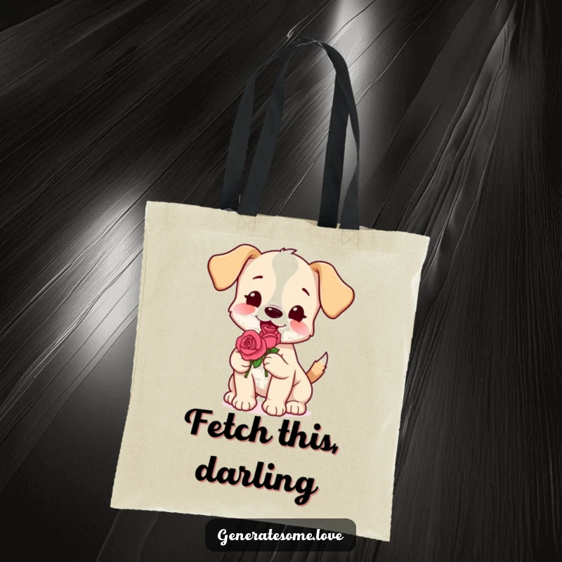 Funny puppy tote bag holding a rose while wagging its tail, perfect for dog lovers, a great gift.
