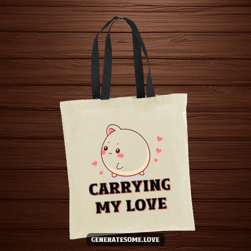 Funny tote bag depicting a small, round animal character rolling enthusiastically, leaving a delightful trail of hearts, great for everyday use.