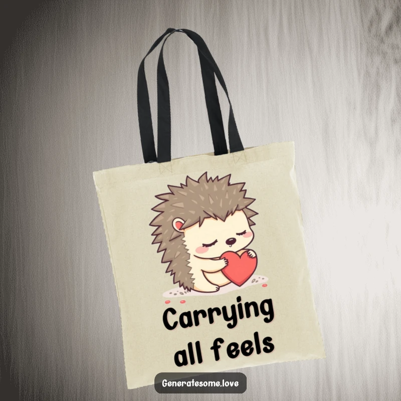 Funny sleepy hedgehog character rolling a heart on a tote bag, perfect for carrying daily items with charm.
