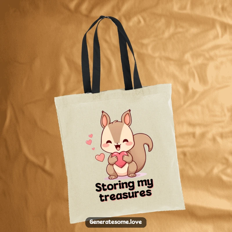 Funny tote bag with a kawaii squirrel happily chattering while holding a heart-shaped treat, perfect for carrying items with a dose of playful joy.