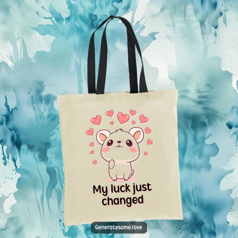 Funny tote bag showcasing a surprised animal character gazing upwards as a multitude of hearts gently rain down, perfect for carrying essentials humorously.