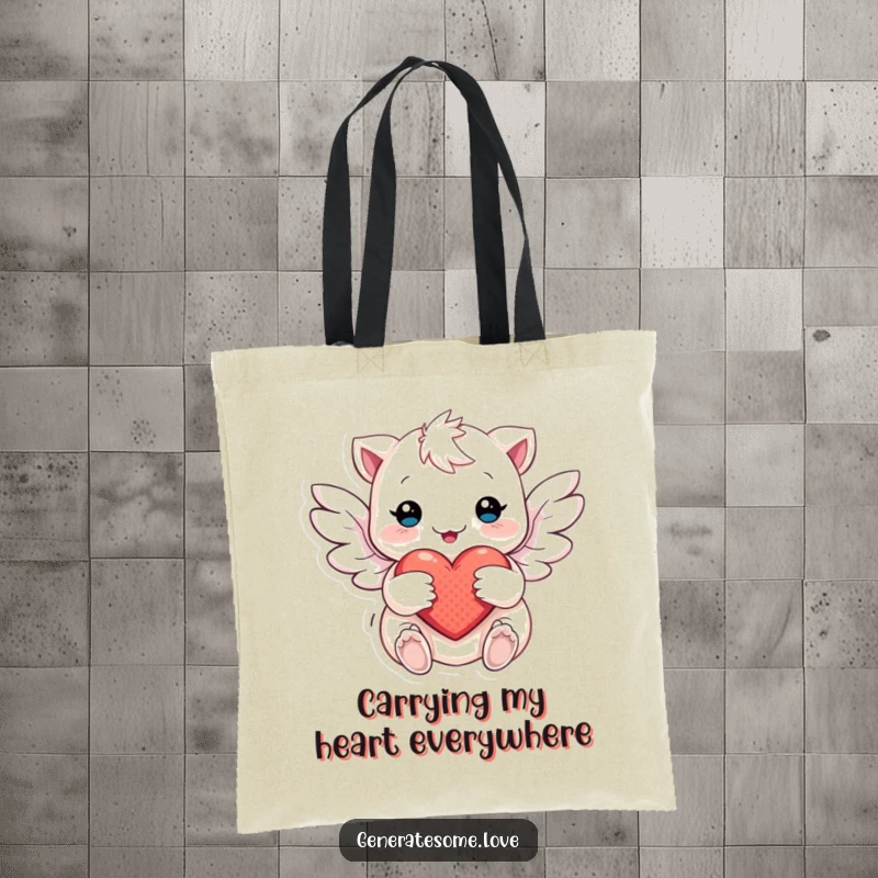 Funny Tote Bag featuring a creature with soft wings gently fluttering around a heart, symbolizing love and care.
