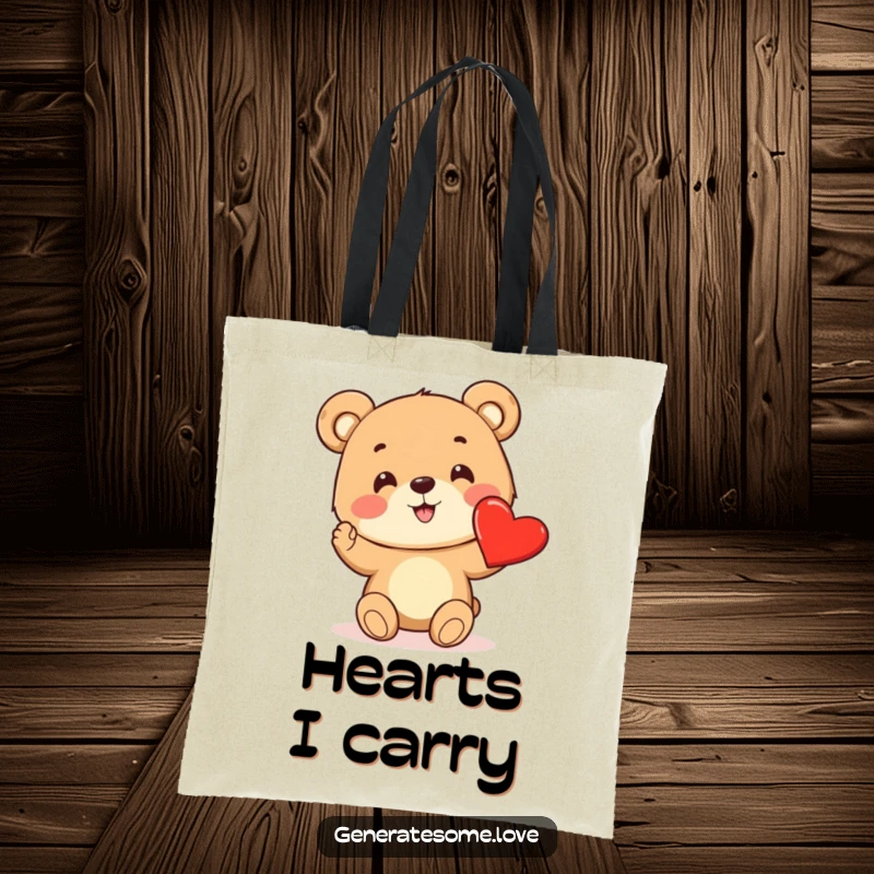Funny tote bag with a cheerful bear cub excitedly holding out a bright red heart, symbolizing love.