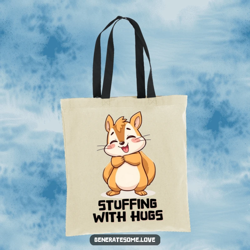 Funny energetic squirrel character in a joyful hug, ready to carry your items in this humorous tote bag.
